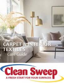 Living room scene with a sofa, plants, and soft lighting; overlay text reads 'The Carpet & Interior Textiles Care Guide' with the Clean Sweep logo.