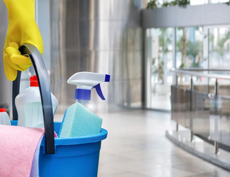 Blue cleaning bucket with spray bottle, sponge, and a yellow glove in a bright indoor hallway.