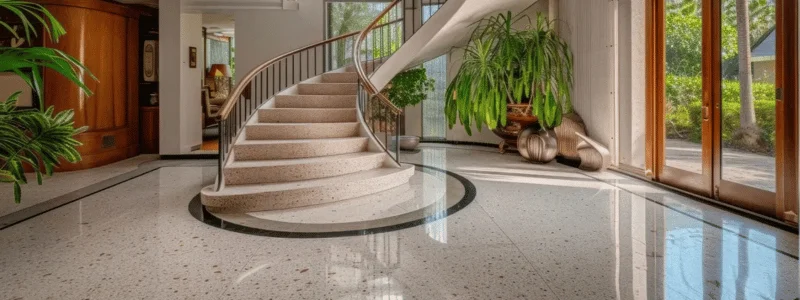 Interior hotel lobby with a curved central staircase, terrazzo floor, and large glass doors flanked by lush potted plants.