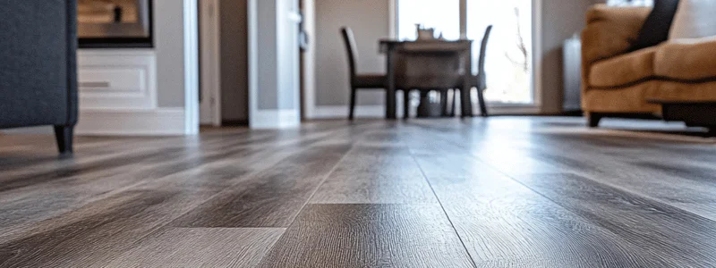 Low-angle view of dark wood flooring in a bright open living space, with a dining table and chairs in the background.
