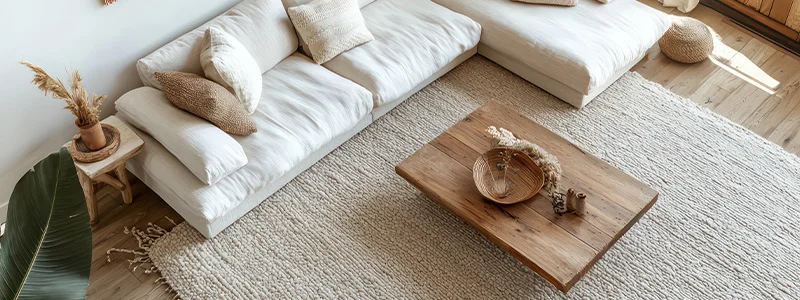 Boho living room with a white sofa, beige cushions, and a wooden coffee table on a textured rug in natural light.