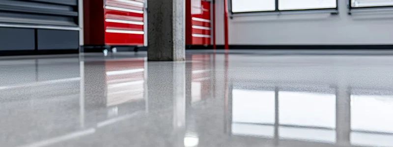Polished garage workshop floor with red tool chests and gray cabinets, reflecting light on the shiny surface.